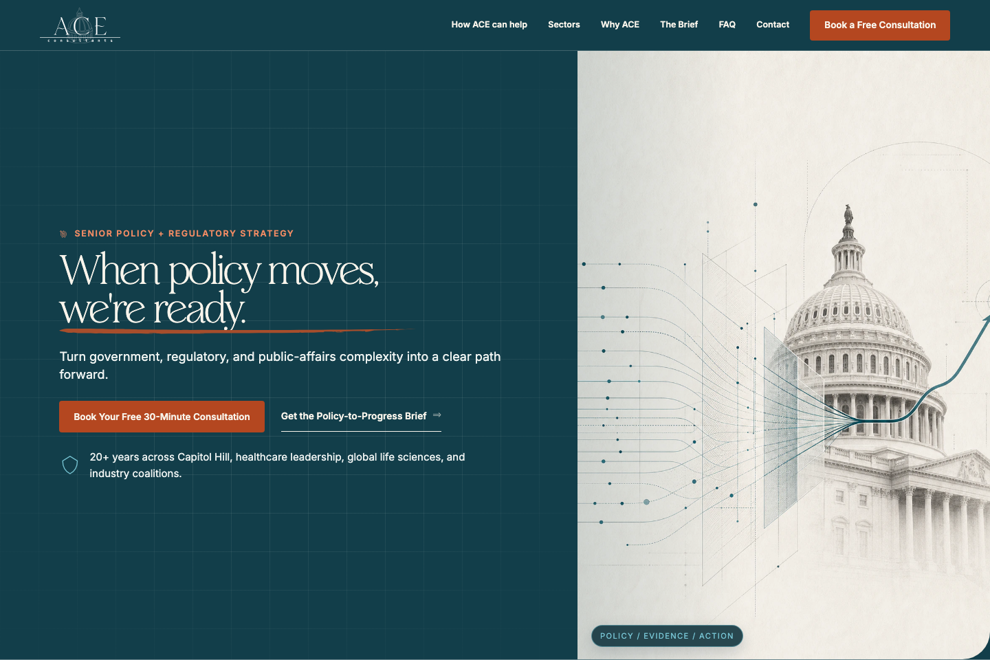 ACE Consultants hero combining editorial typography, evidence graphics, and United States Capitol imagery.