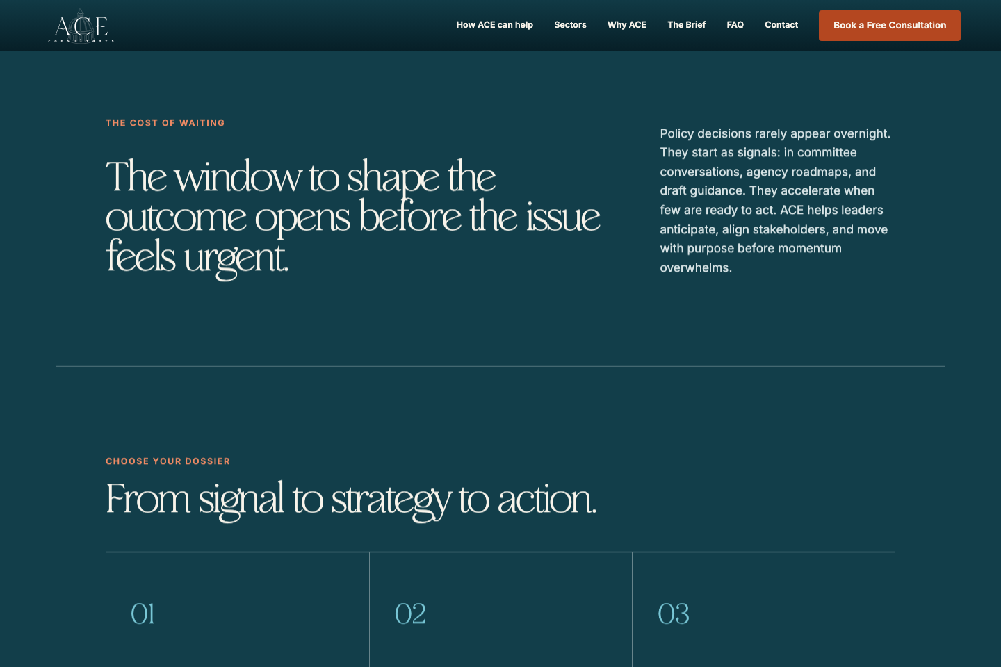 ACE Policy Action section presenting a strategic window and a numbered signal-to-action sequence.