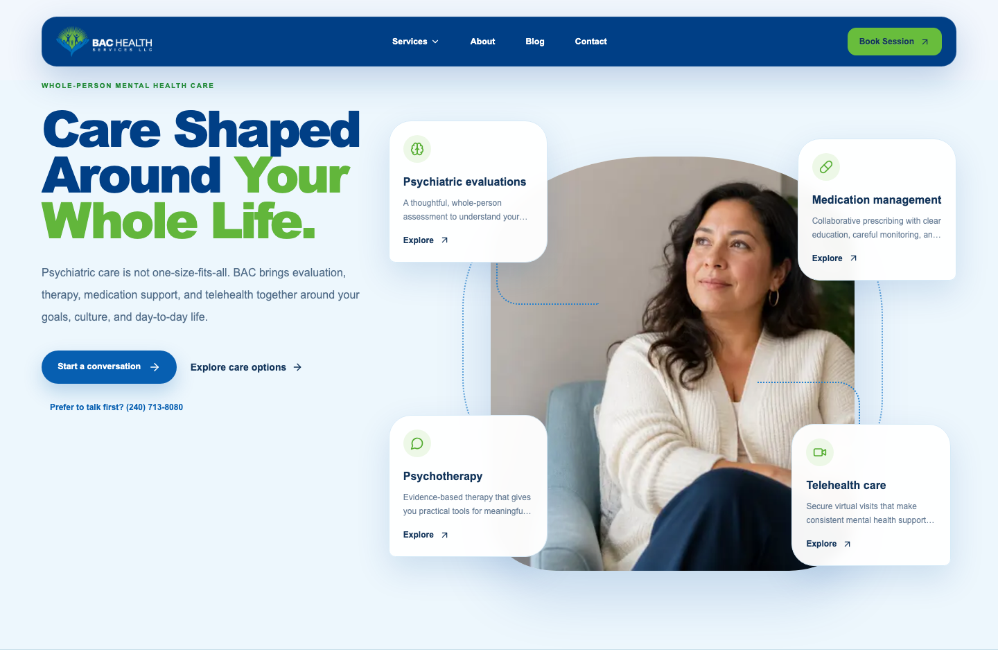 BAC Health Services homepage with large care headline, supporting copy, service cards, and booking actions.