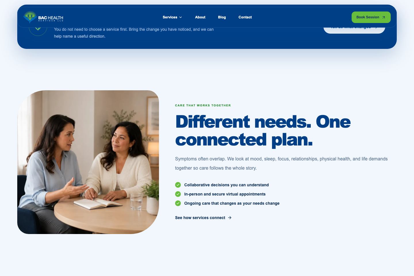BAC Health Services connected-care section with reusable content and action patterns.