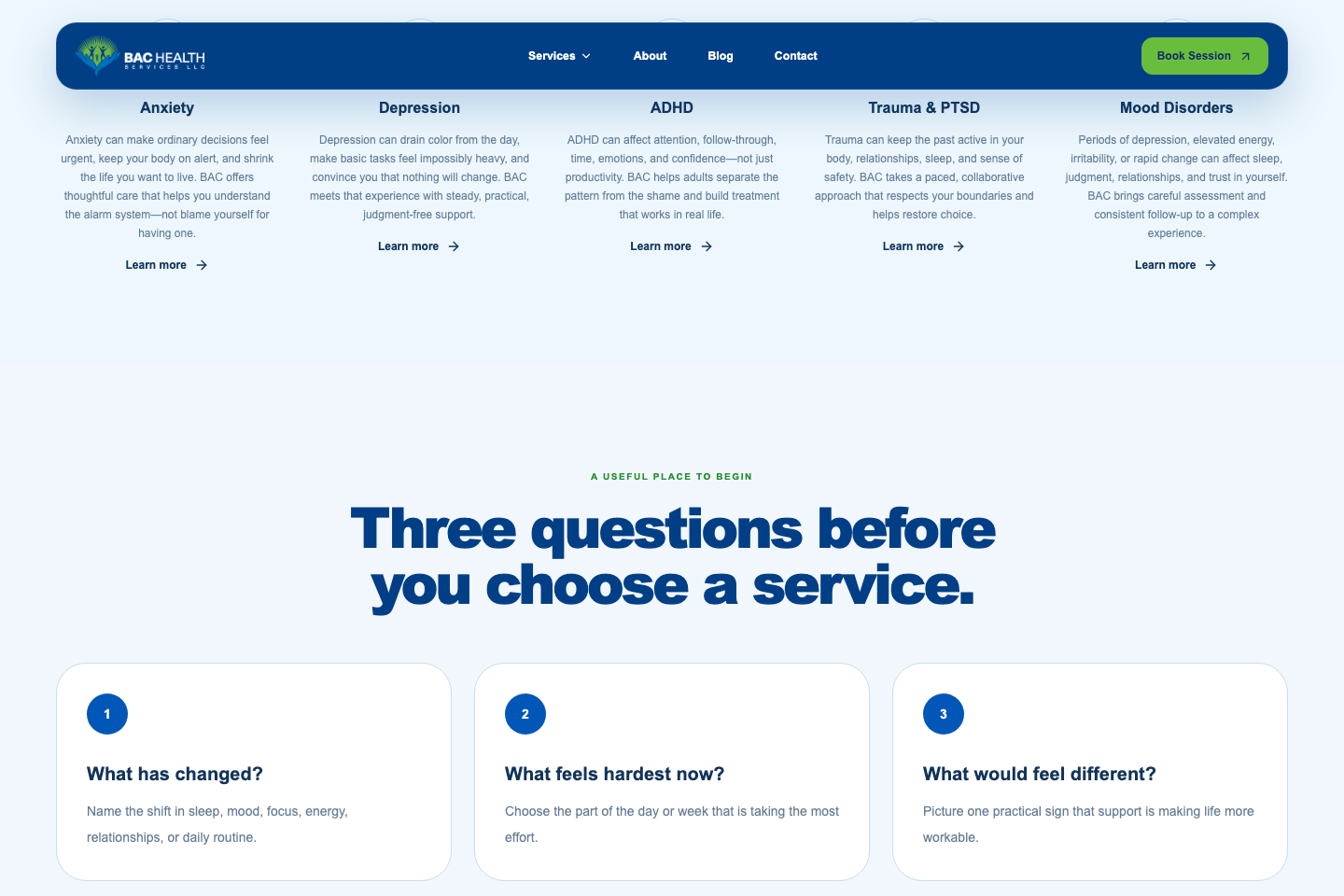 BAC Health Services three-question decision guide with cards for change, difficulty, and desired outcome.