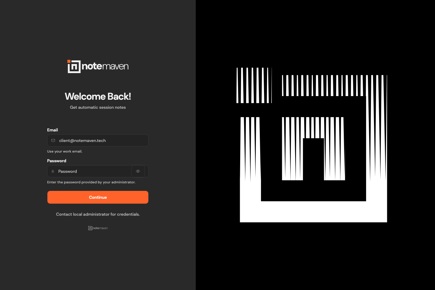 NoteMaven sign-in interface showing a focused work-email and password entry point.